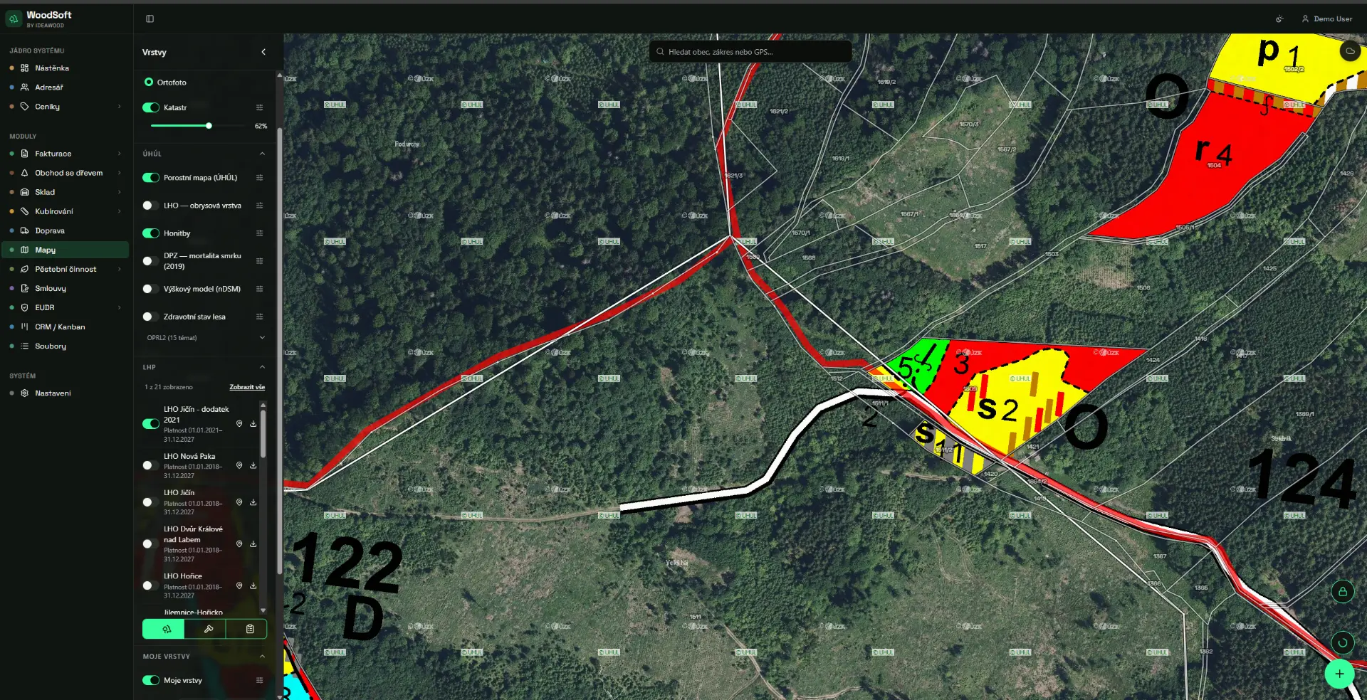 WoodSoft — mapový modul s ortofotem, katastrem a porostní mapou