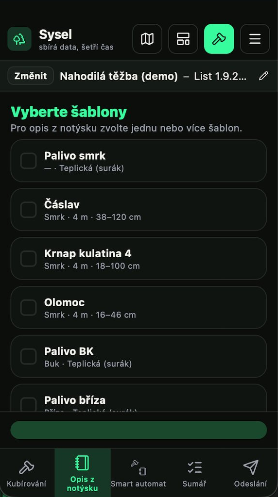Sysel — výběr šablon měření