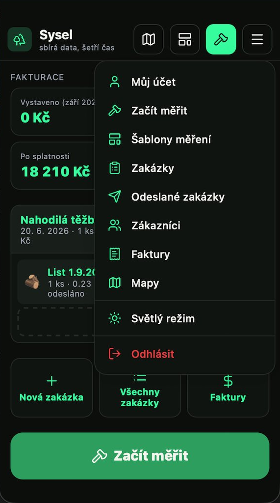 Sysel — hlavní obrazovka s menu